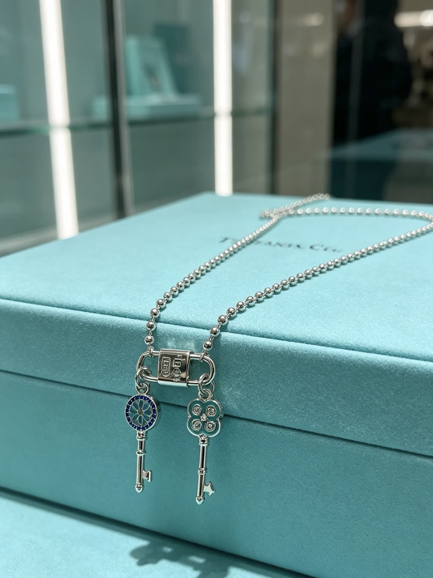 Tiffany & Co. Blue Enamel Lock and Key Necklace